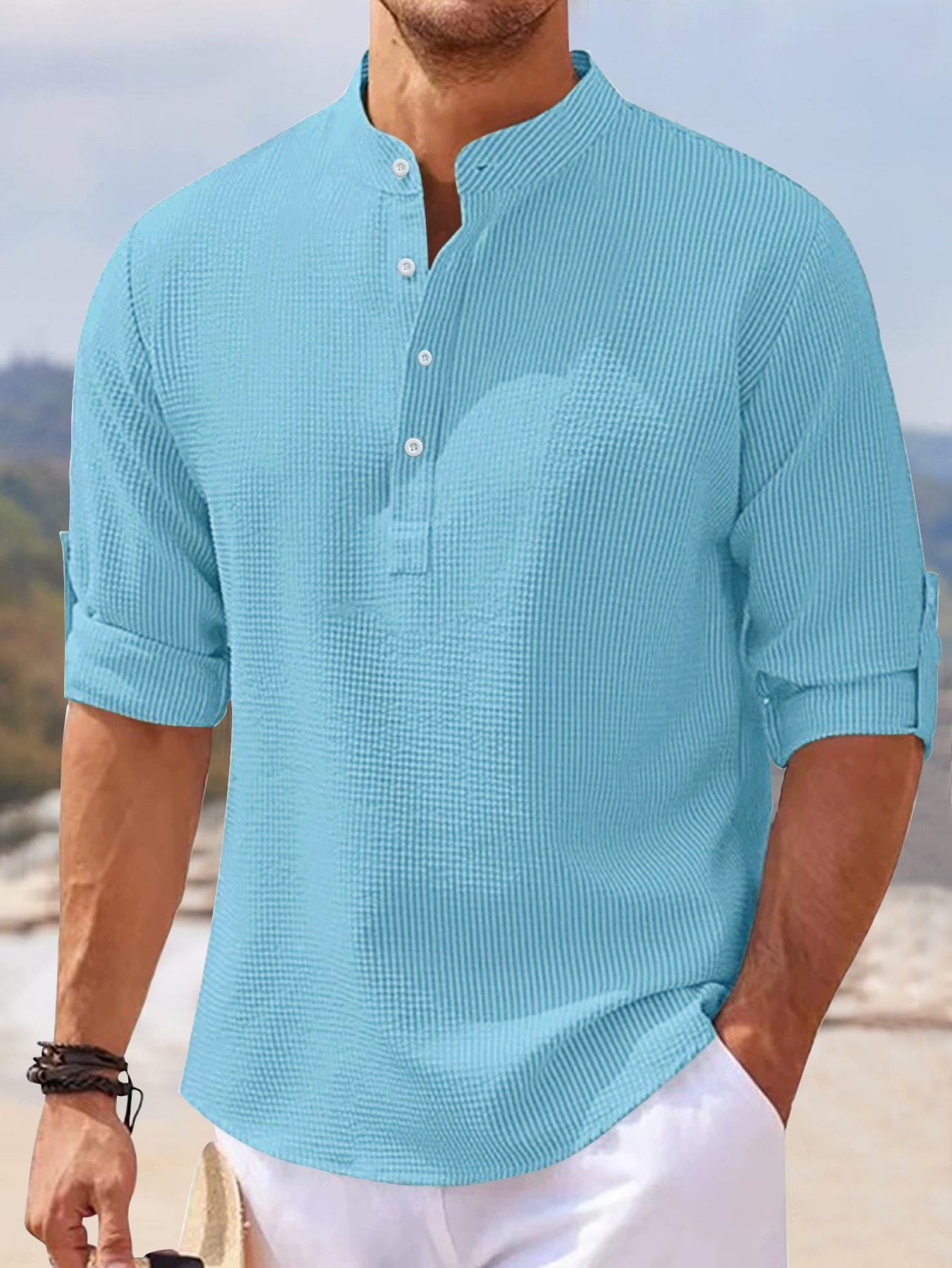 Men's Regular Fit Solid Color Waffle-knit Jacquard Long Sleeve Tee