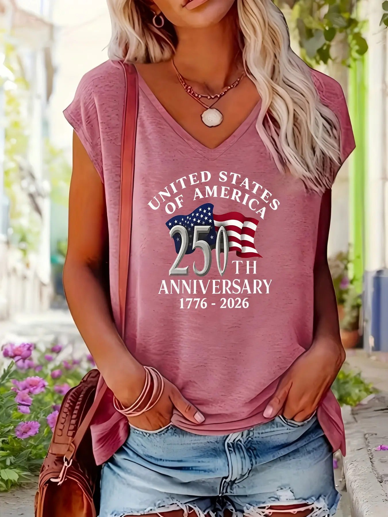 American Flag 250th Anniversary Print V-neck Tank Top