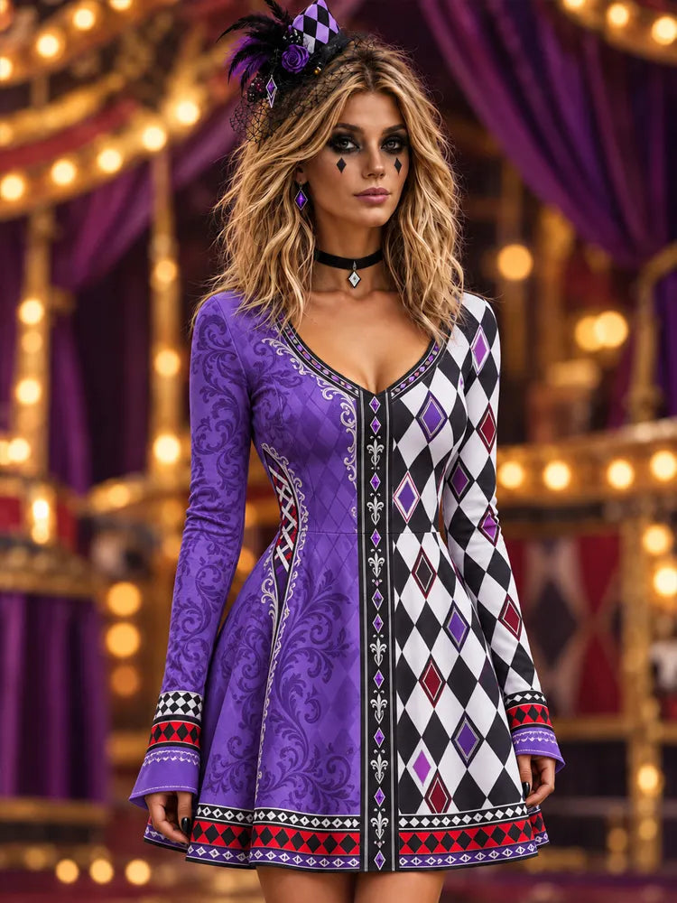 Women's Halloween Gothic Plaid Clown Playing Card Long Sleeve Dress