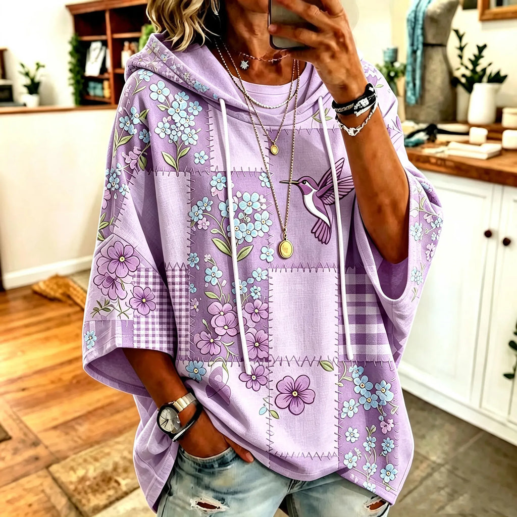Women's Retro Alzheimer's Hummingbird Support Awareness Pattern Casual Hooded Sweatshirt