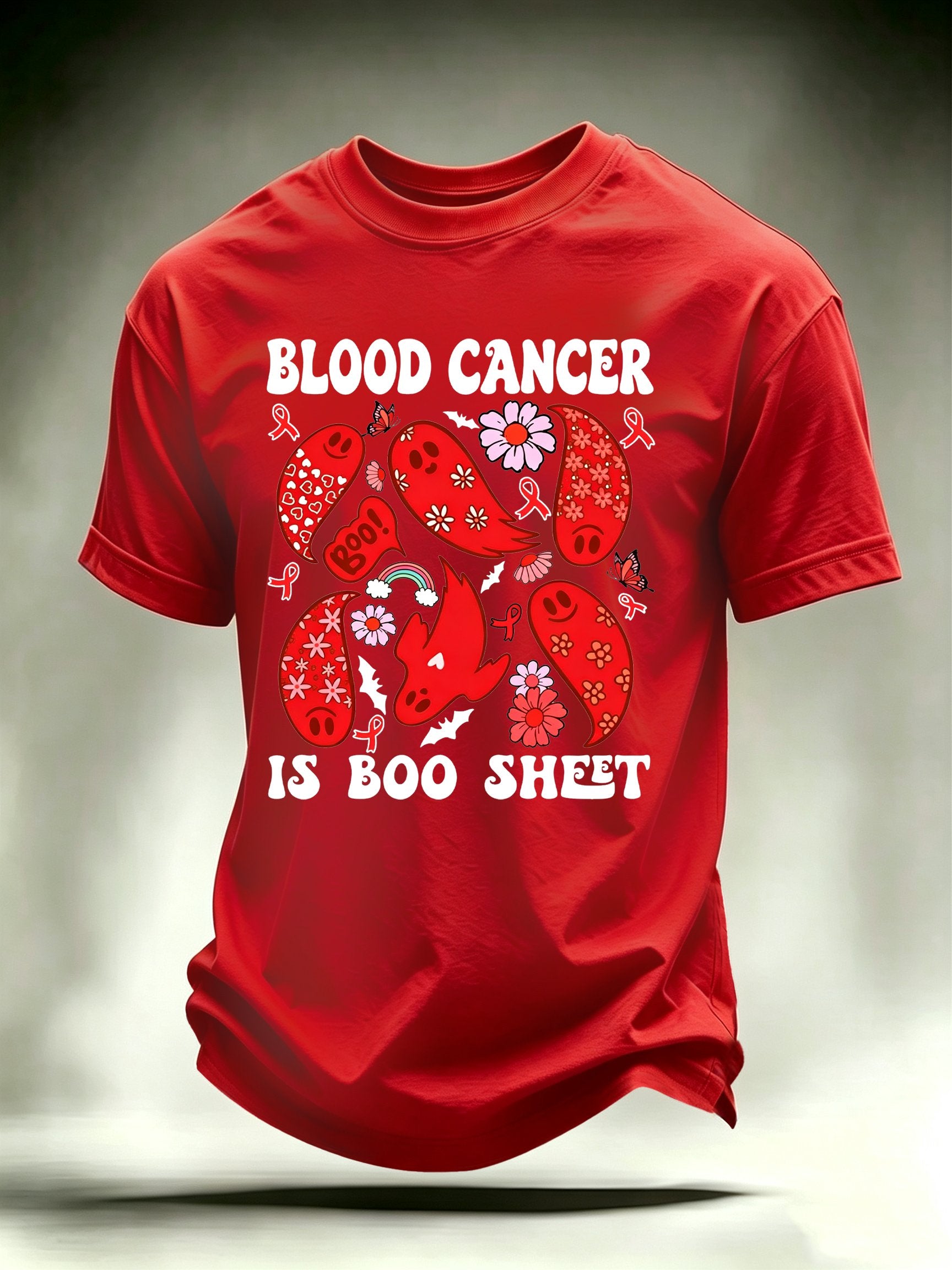 Men's Blood Cancer Awareness Red Ribbon Cute Ghosts Halloween Support Artwork T-Shirt