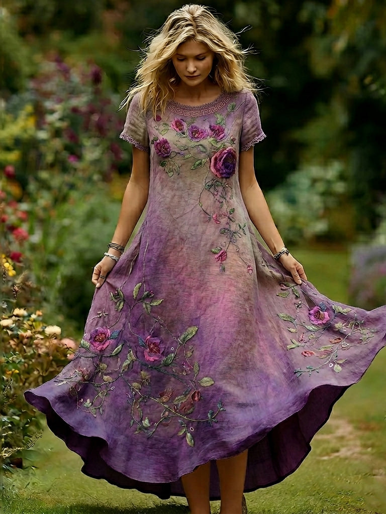Women's Vintage Purple Rose Gradient Pattern Casual Round-neck Dress