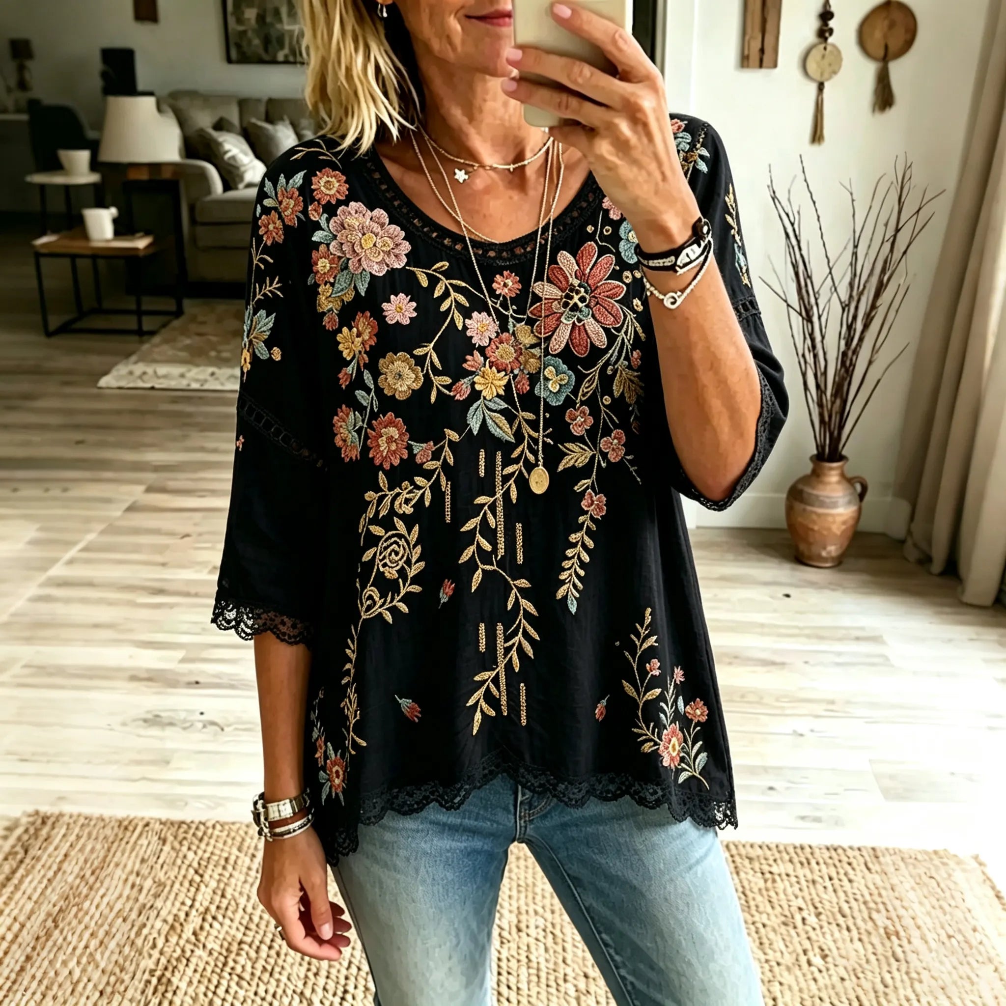 Women's Floral Design Short-sleeved Linen T-shirt