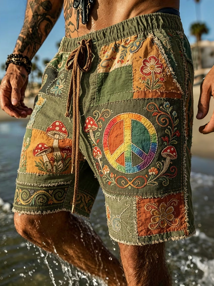 Men's Colorful Hippie Sun And Mushroom Pattern Casual Linen Blend Shorts