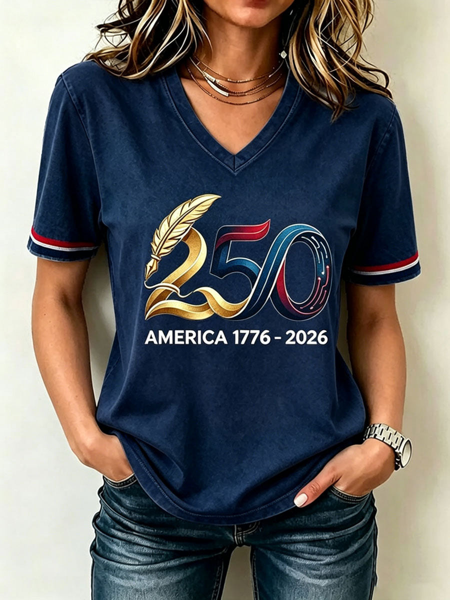 Women's America 250 Years 1776-2026 Print V Neck T-shirt