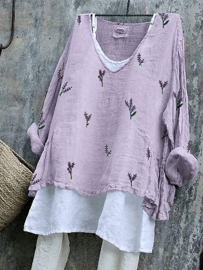 Women's Floral Embroidered Linen V-Neck Comfortable Linen Shirt
