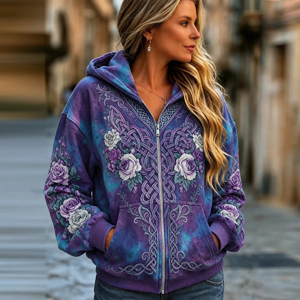 Women's Vintage Viking Celtic Knot And Rose Print Comfortable Warm Zip-up Hoodie