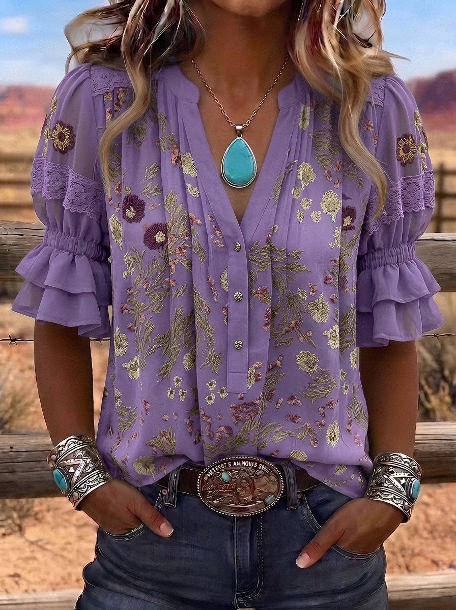 Women's Western Vintage Floral Lace Trim Printed Blouse