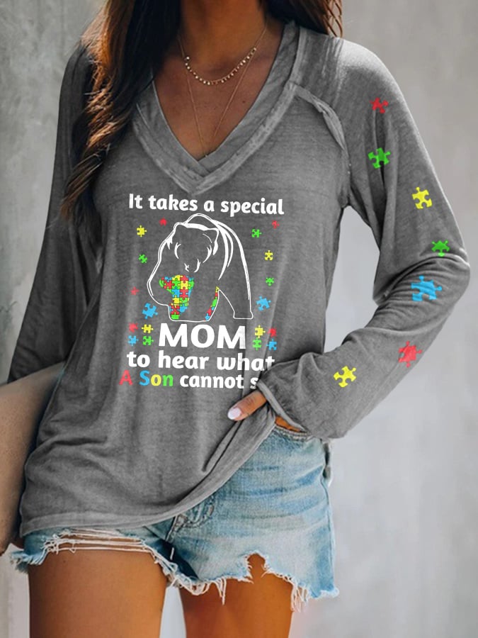 V-neck Autism Awareness It Takes A Special Mom To Hear What A Son Cannot Say Print T-Shirt