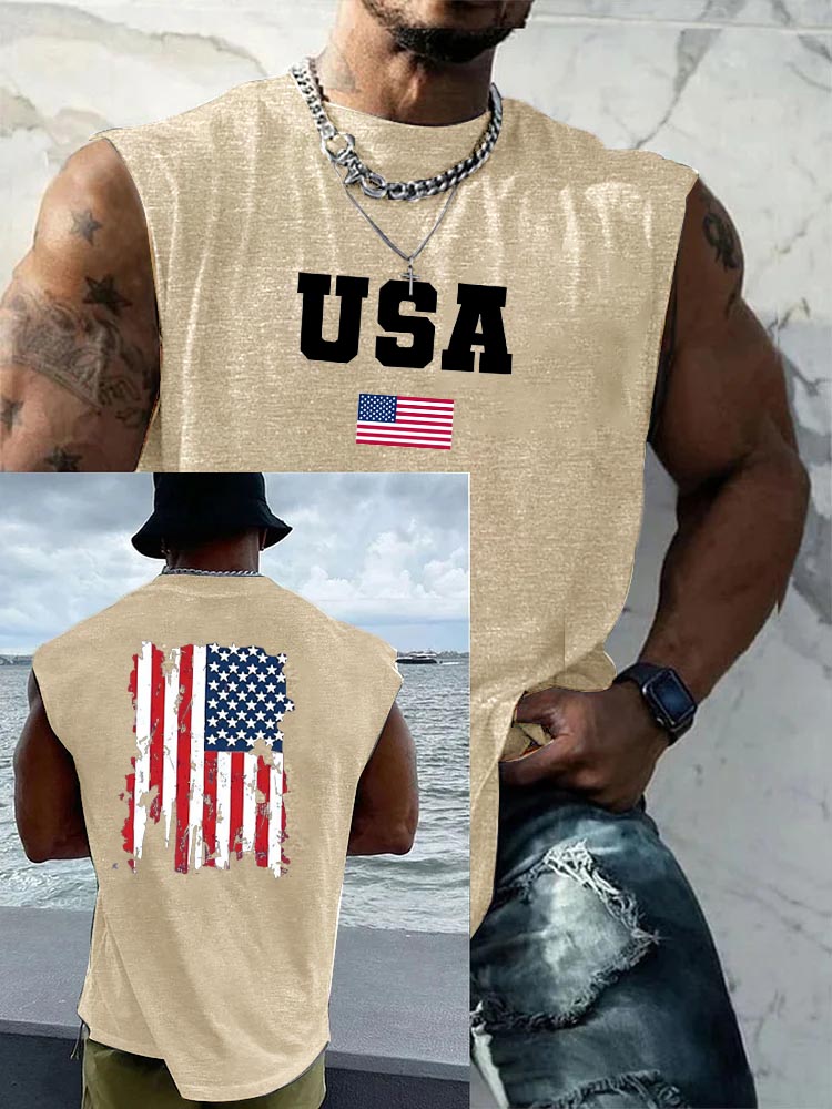 USA  America Flag Pattern Round Neck 100% Cotton Tank Top