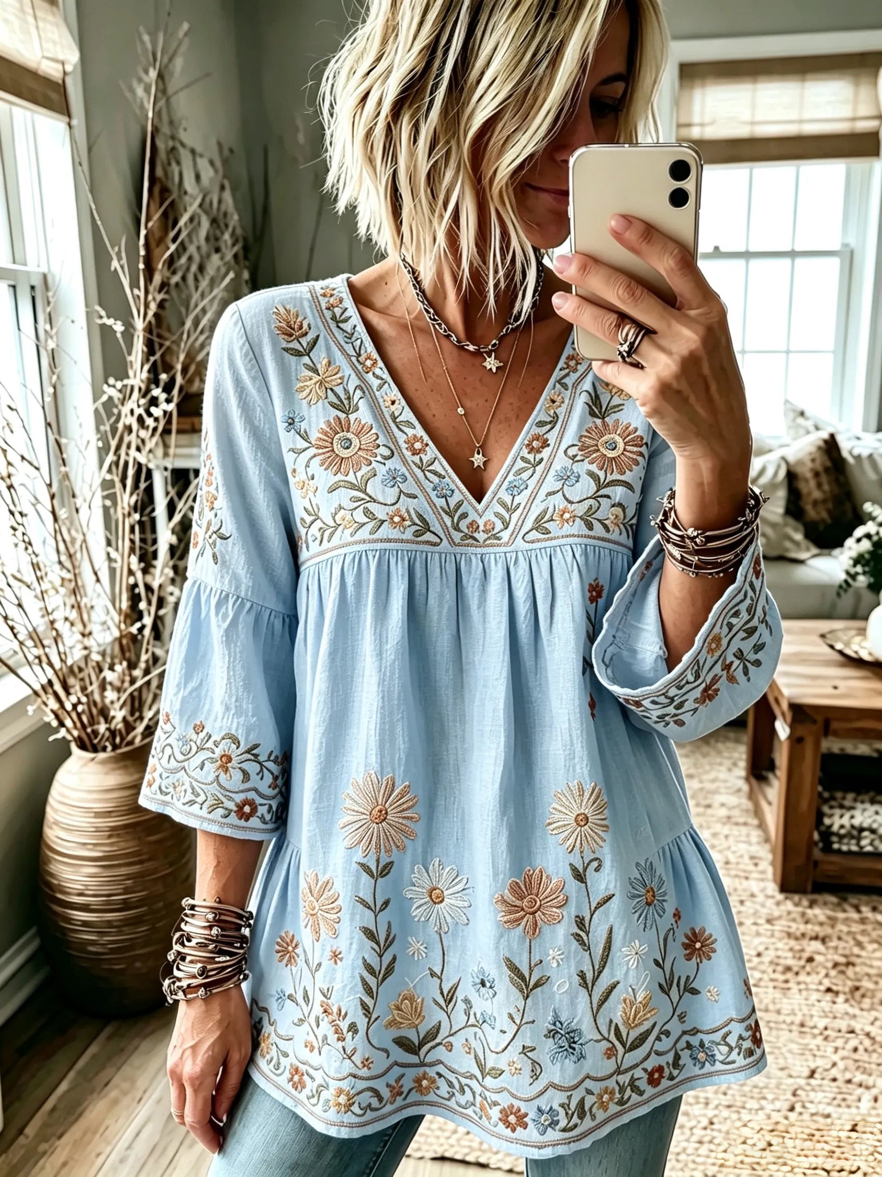 Women's Retro Hippie Floral And Dragonfly Art Flowy Linen Blend Three Quarter Sleeves T-shirt