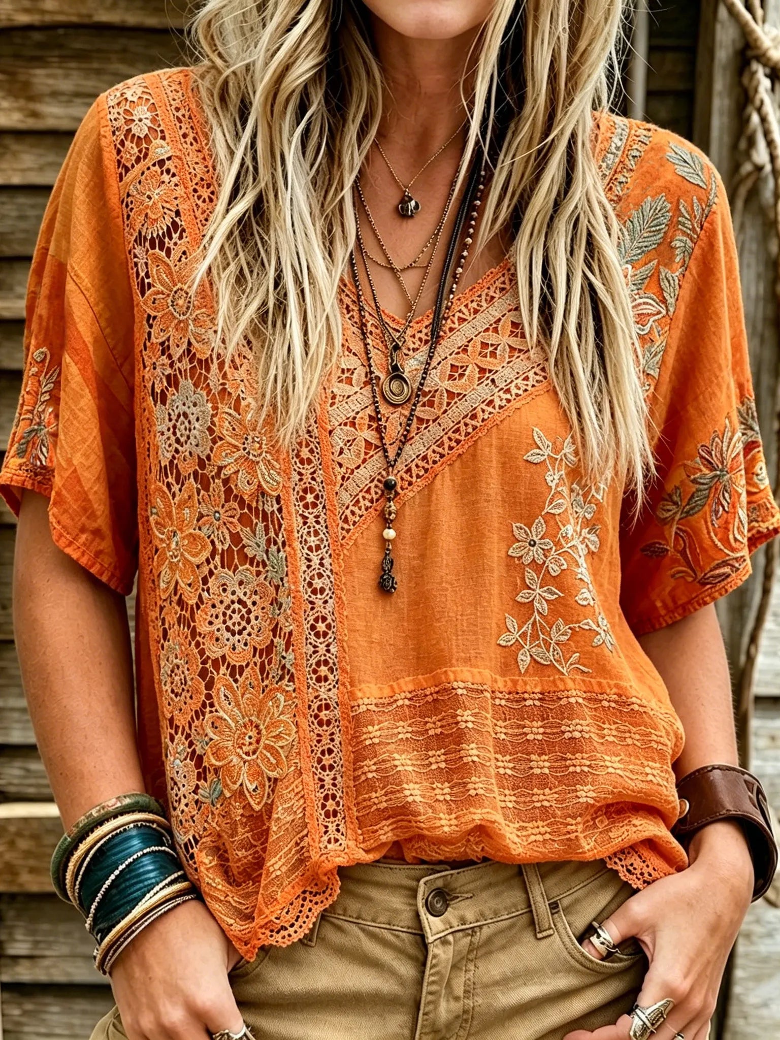 Women's Retro Bohemian Floral Lace Embroidered V-neck Top