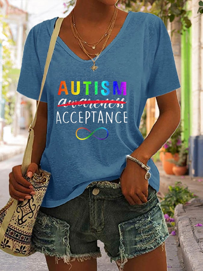 V-neck Autism Acceptance Rainbow Autism Infinity Neurodiversity Print T-Shirt