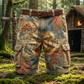 Men's Retro Mushroom And Musical Note Color-blocked Print Casual Shorts