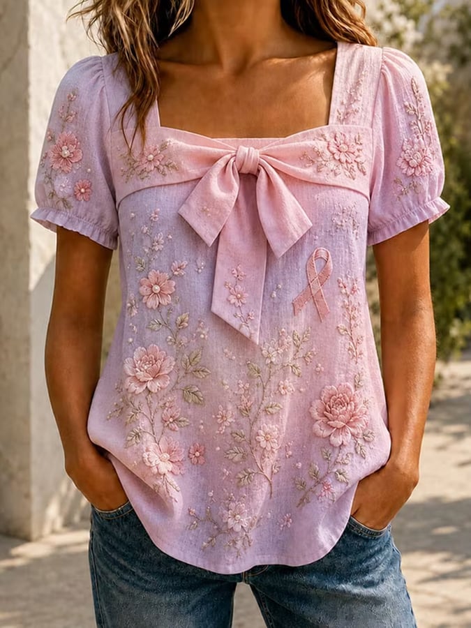 Women'S Pink Floral Breast Cancer Print Top