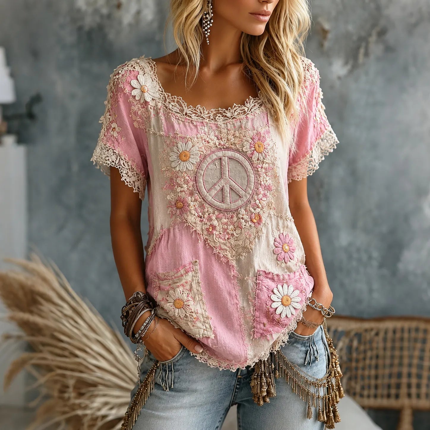 Women's Floral Peace Art Printing Casual Short Sleeve T-shirt