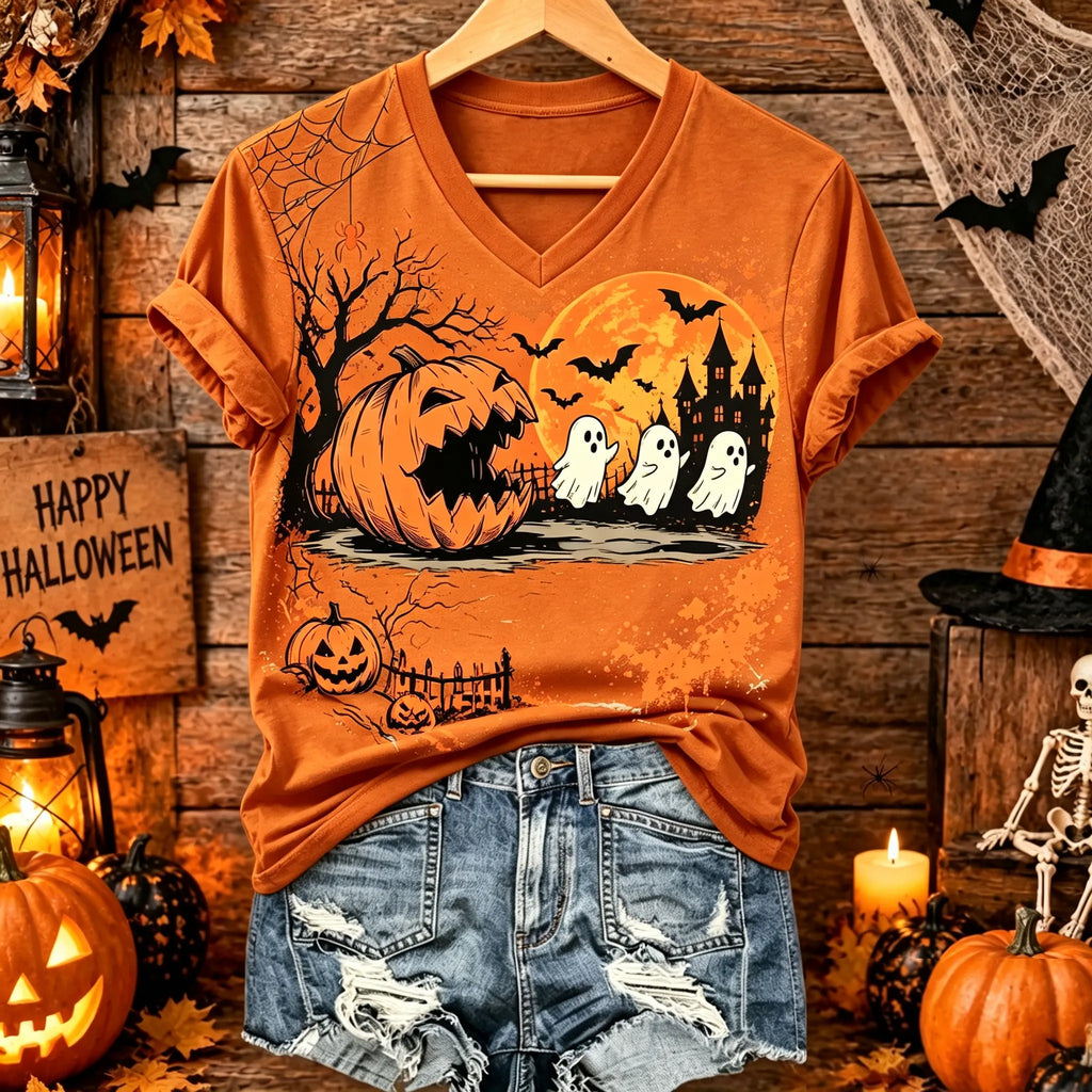 Women's Halloween Pumpkin And Ghost Print V-neck T-shirt