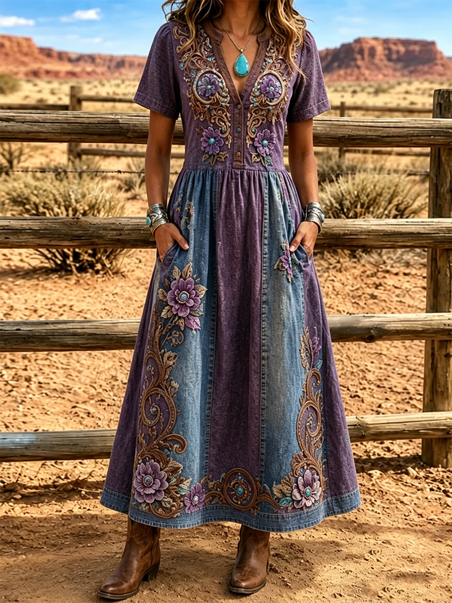 Women'S Western Style V-Neck Short Sleeved Floral Pattern Dress
