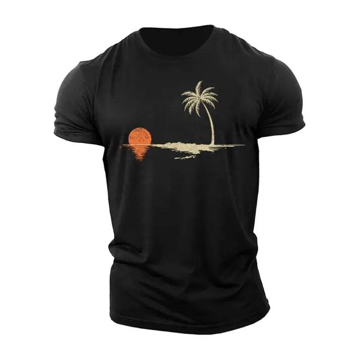 Men'S Palm Sunset Reflection Crew Neck Cotton Short-Sleeve T-Shirt