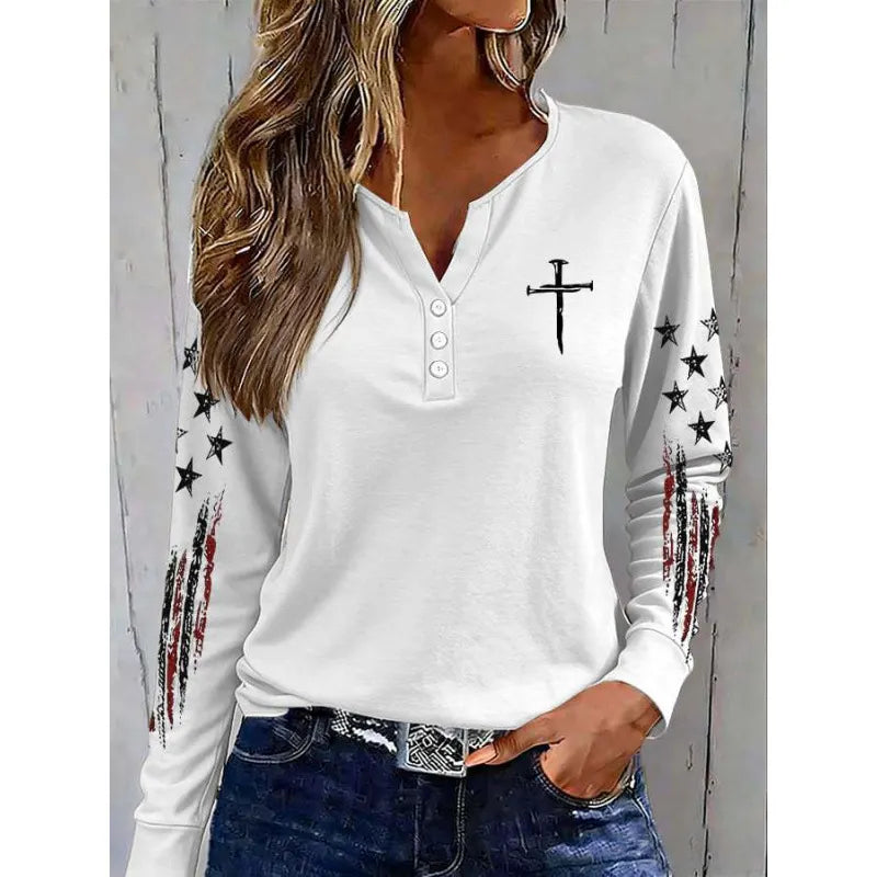 Women's America Falg Cross Pattern Long-Sleeve Henley Top