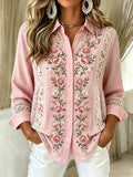 Women's Breast Cancer Awareness Pink Floral Print Casual Collared Shirt