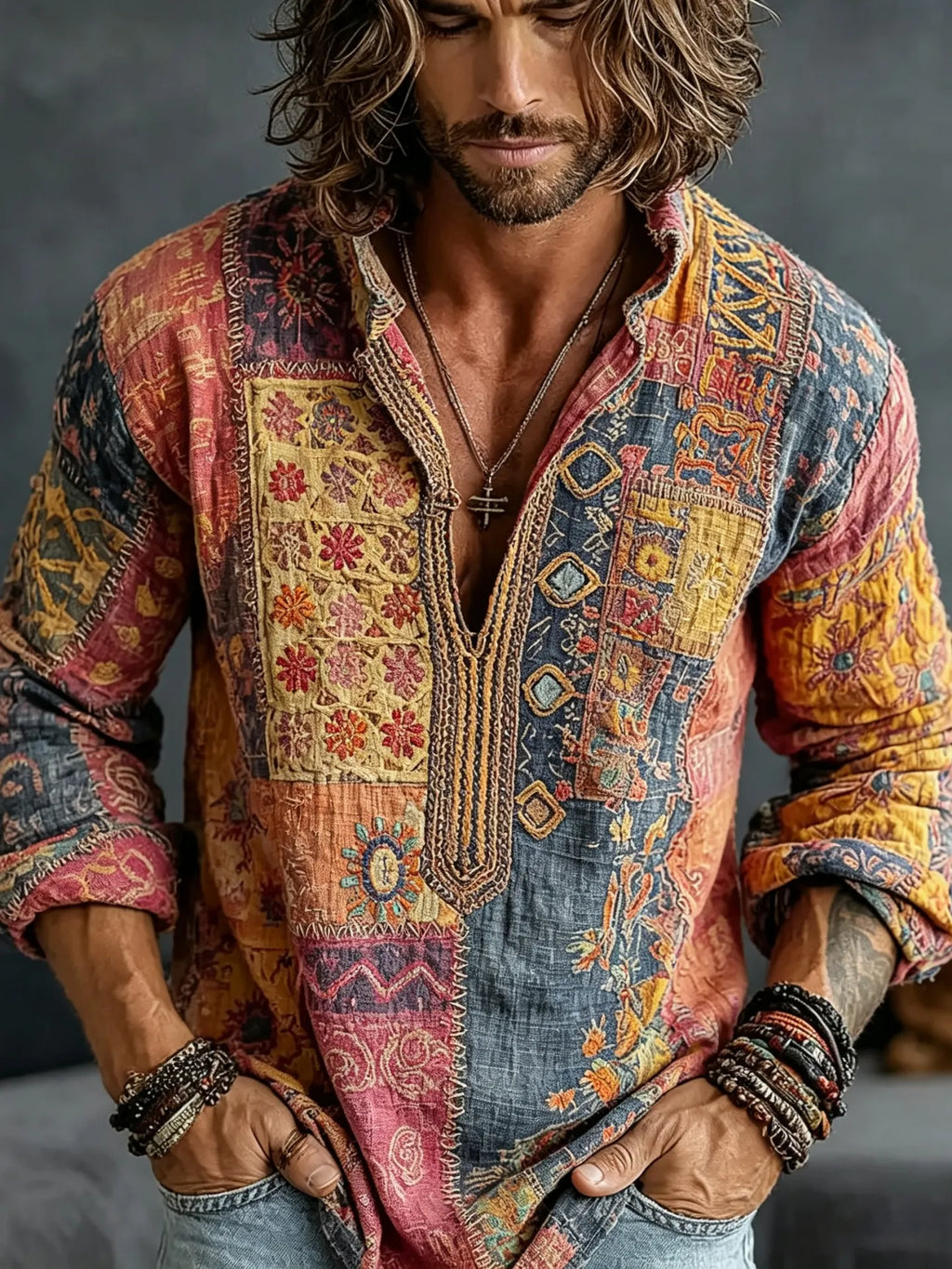 Men's Vintage Floral Patchwork Embroidered Art Print Flowy Linen Blend Casual Shirt