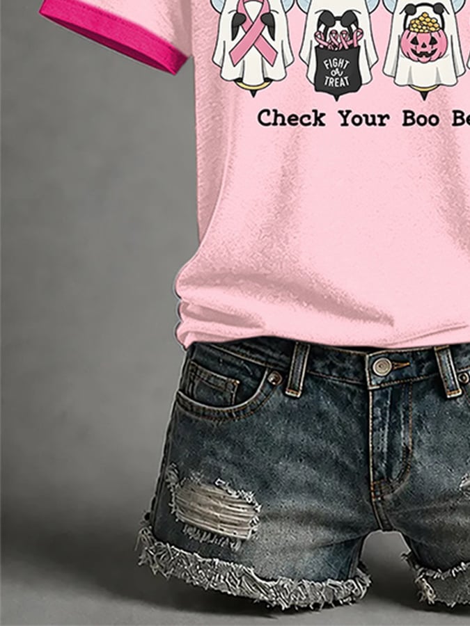 V-Neck Retro Breast Cancer Ghost Pink Ribbon Fight Or Treat Check Your Boo Bees Print T-Shirt