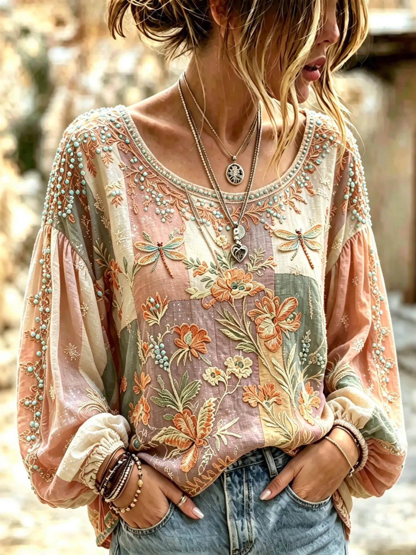 Women's Vintage Boho Floral Patchwork Art Cotton Linen Casual T-shirt