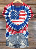 Women'SI Ndependence Day American Flag Tie Dye Pattern Round-Neck T-Shirt