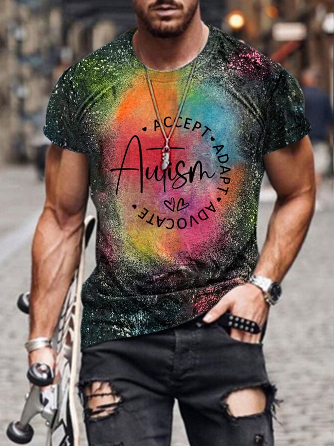 Men's Autism Awareness Autism Accept Adapt Advocate Tie Dye Print Short Sleeve T-Shirt