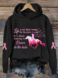 Women's Life Is About Learning To Dance In The Rain Pink Horse Breast Cancer Awareness Warrior Hoodie