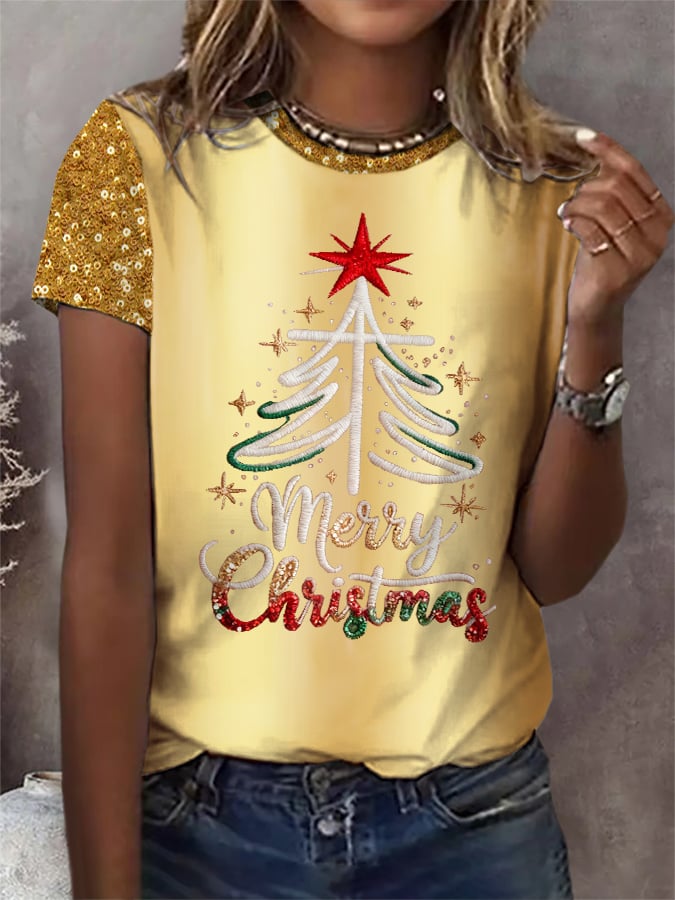 Retro Merry Christmas Cross Faith Print T-Shirt