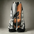 Retro Crow, Pumpkin, Skull, And Spider Web Print Color-blocked Trousers