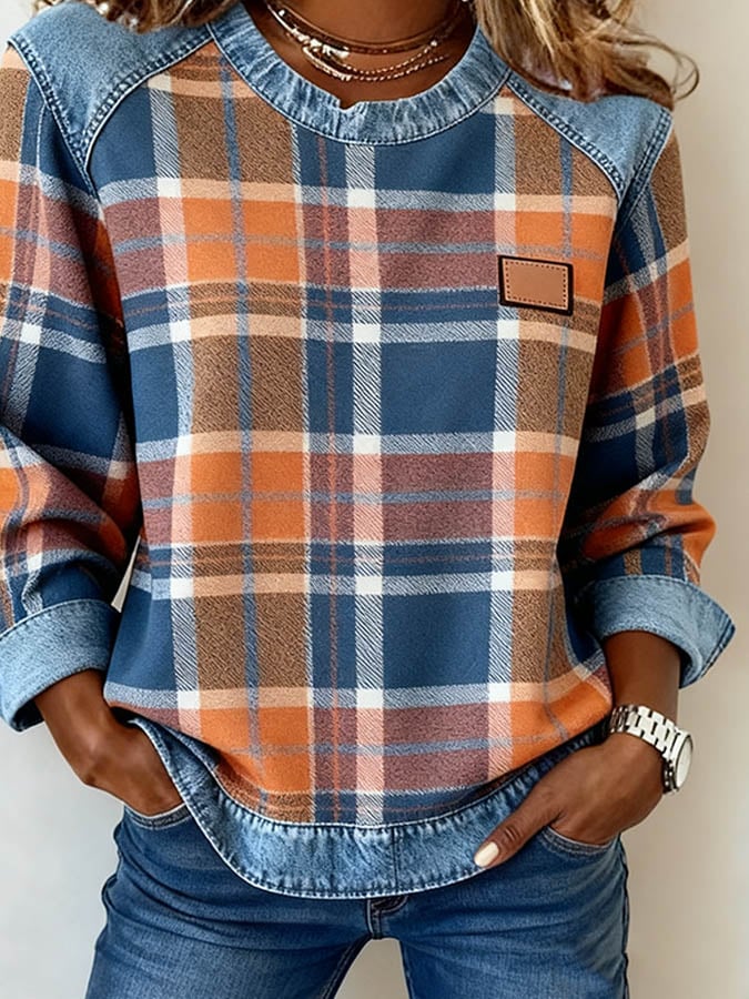 Women'S Casual Round Neck  Patchwork Plaid Print Pullover Sweatshirt