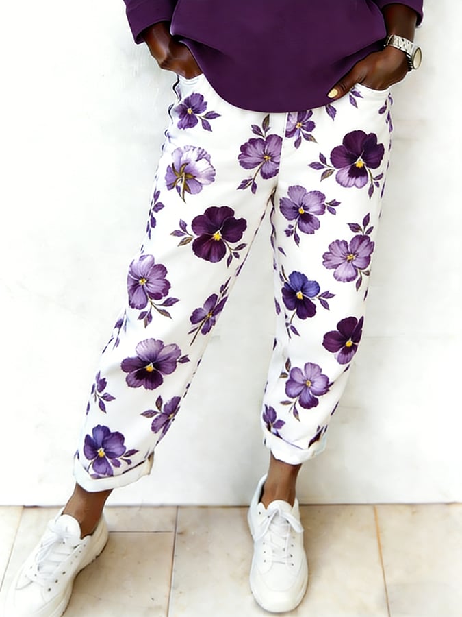 Women's Purple Floral Art Print Casual Pants