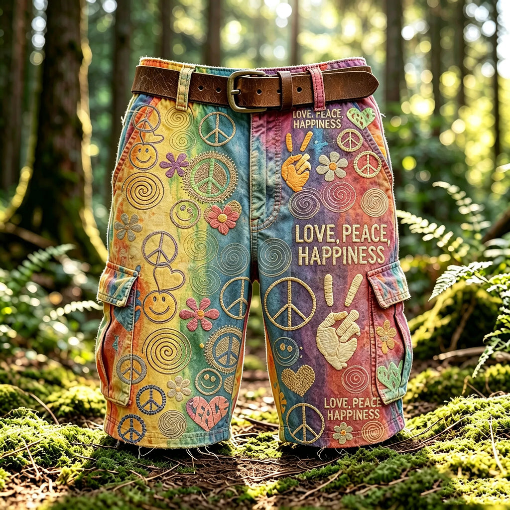Men's Retro Hippie Style Embroidered Print Cargo Pants