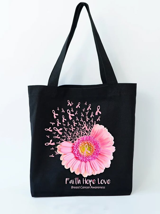 Pink Ribbon Sunflower Faith Hope Love Breast Cancer Awareness Warrior Canvas Bag