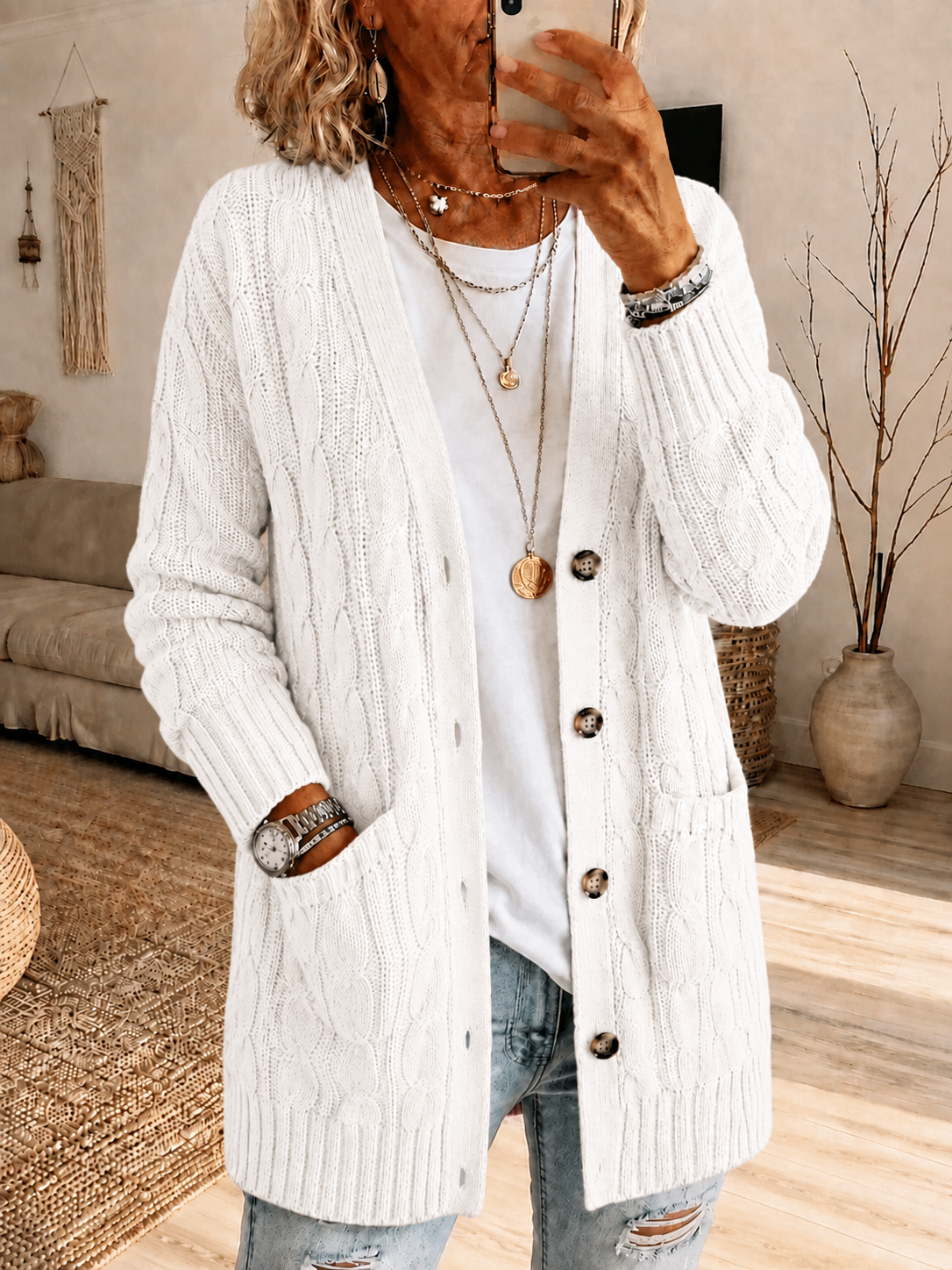 Women'S Pink Multi-Color Casual Cardigan Knitted Sweater Mid Length Top