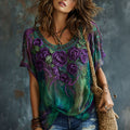 Women's Vintage Romantic Floral Art Linen Blend T-shirt
