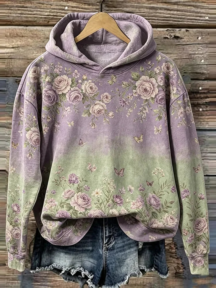 Women's Vintage Rose And Butterfly Art Gradient Casual Hoodie