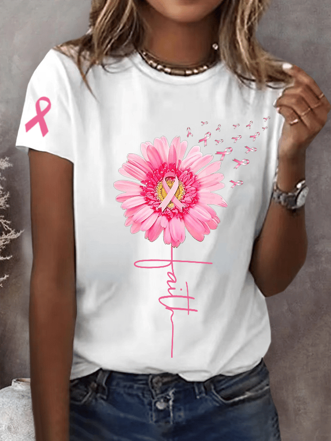 Women's Pink Daisy Faith Pink Ribbon Faith Hope Love Breast Cancer Awareness Print Round Neck Short Sleeve T-Shirt