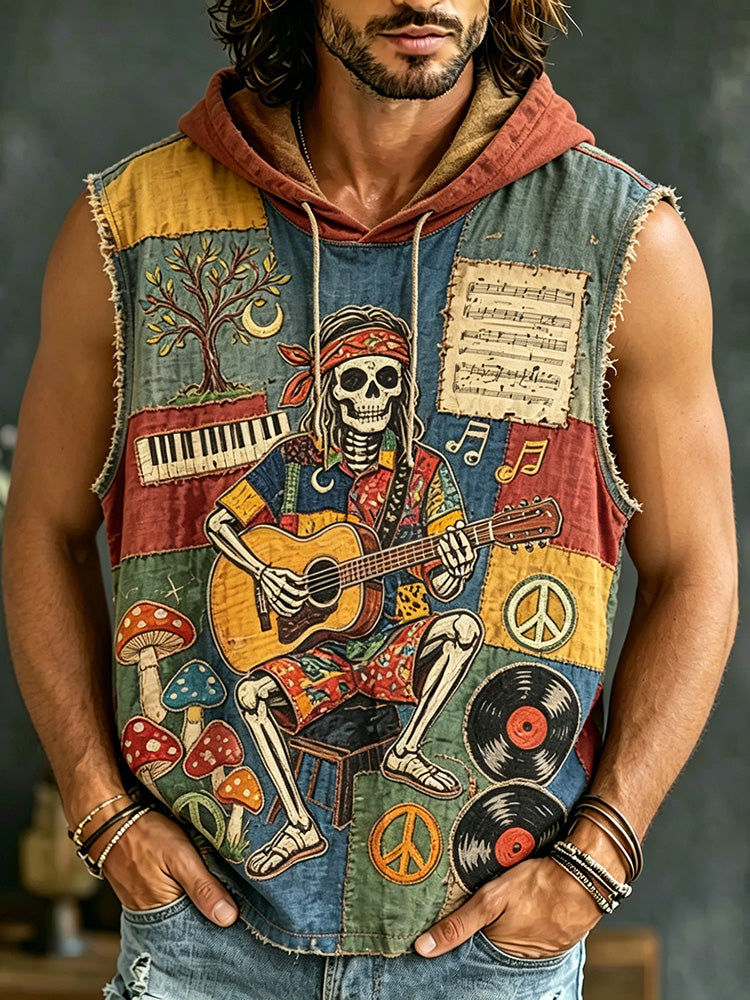 Men's Hippie Music Skull Print Hooded Vest