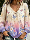 Women's V-neck Long Sleeve Blouse With Drawstring, Ombre Gradient, Celestial Sun, And Floral Print