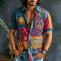 Men's Hippie Peace Car Sun Face Boho Music Guitar Patchwork Print Shirt