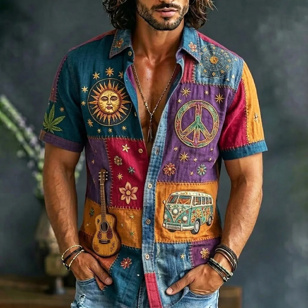 Men's Hippie Peace Car Sun Face Boho Music Guitar Patchwork Print Shirt