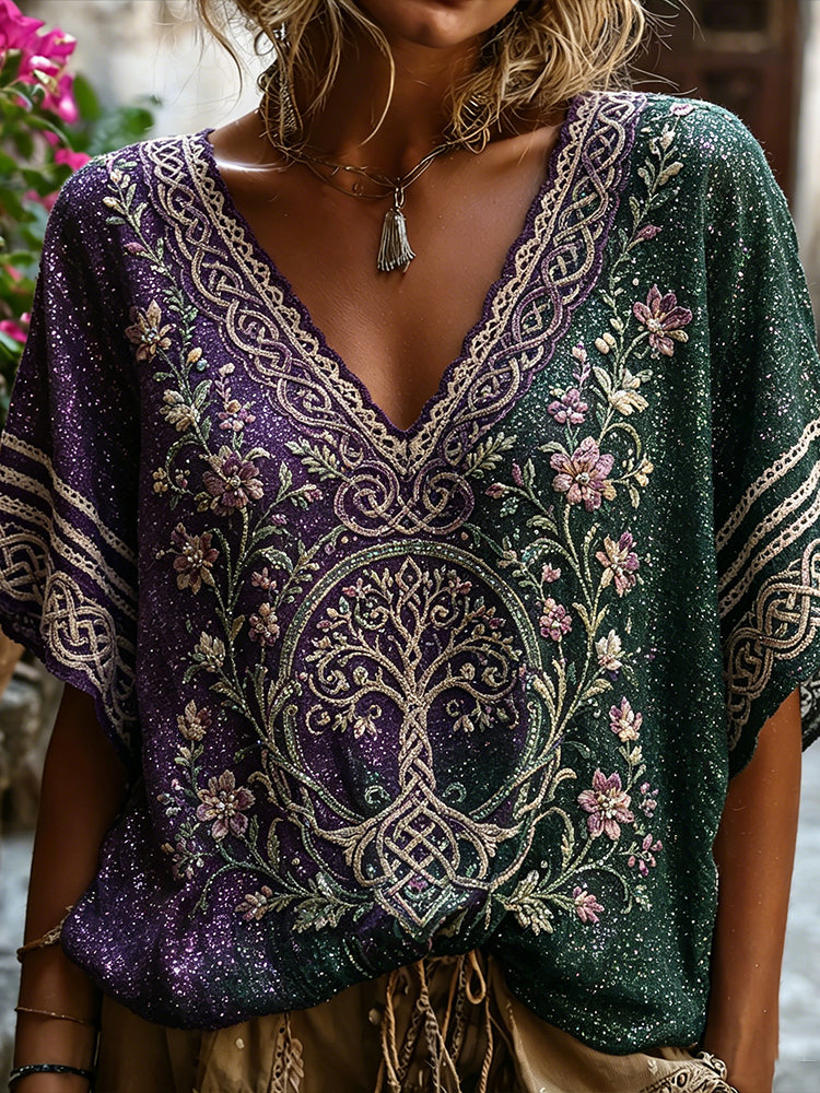 Vintage Viking Tree Of Life And Celtic Knot Color Block Sequin Washed Casual V-neck Short Sleeve Top