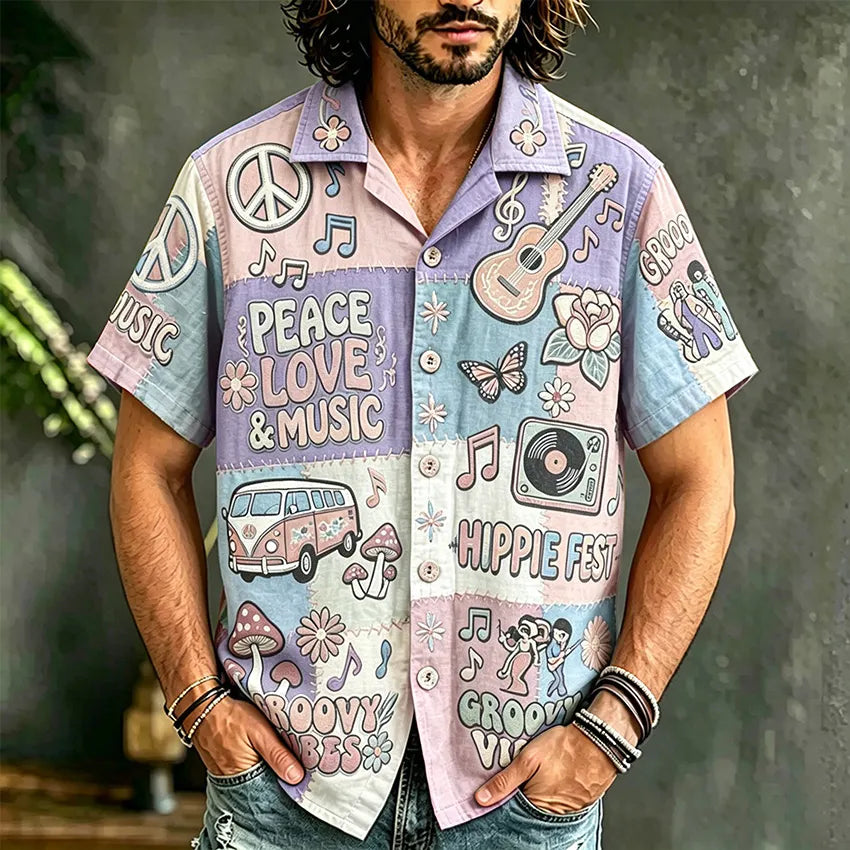 Men's Hippie Style Peace Love Music Patchwork Art Print Casual Shirt