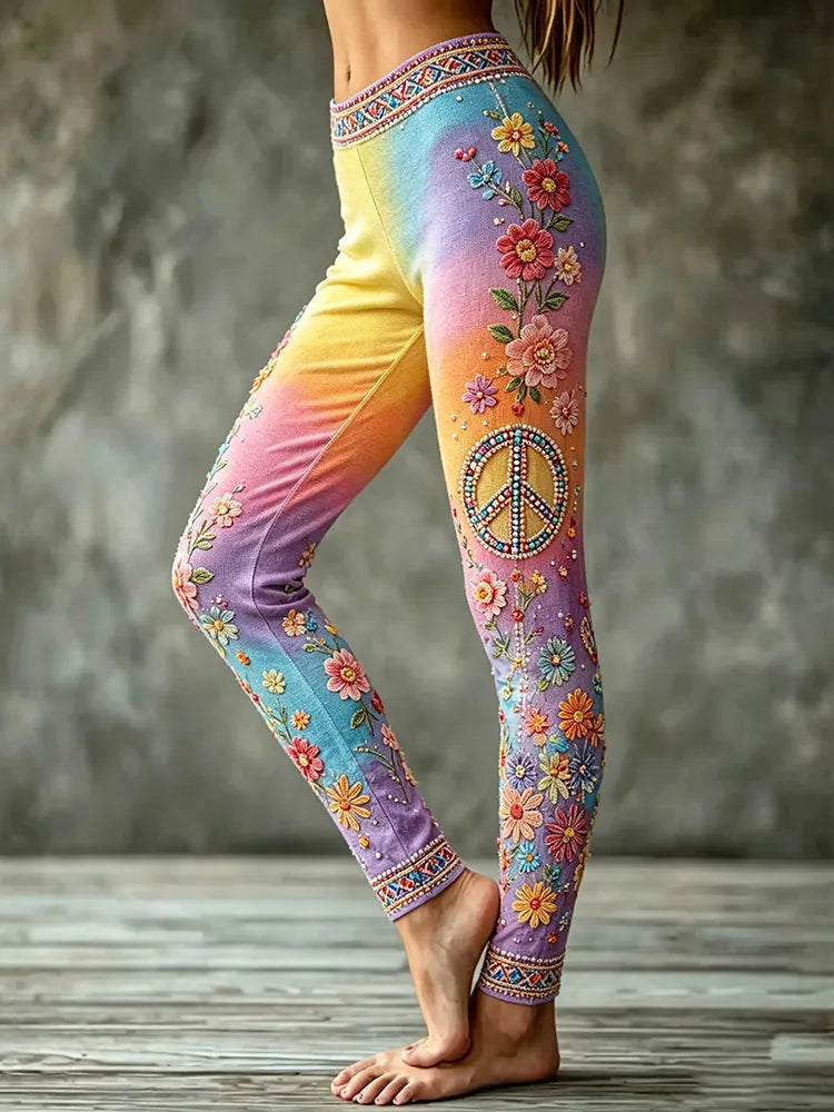 Women's Retro Hippie Peace Floral Embroidery Art Pattern Leggings