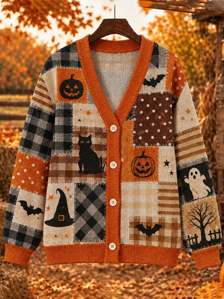 Women's Halloween Element Plaid And Stripe Print Sweater Cardigan