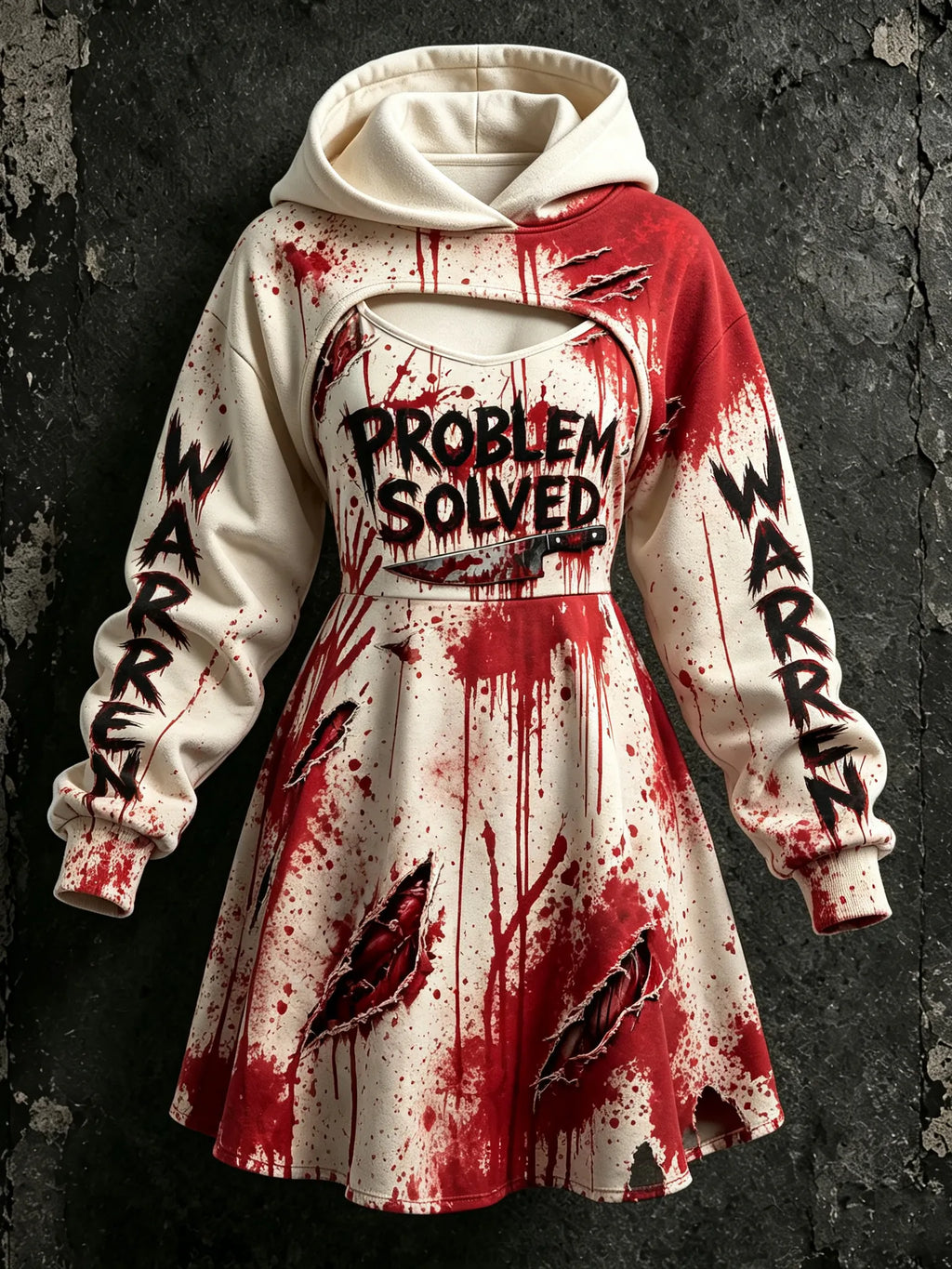 Women's Retro Halloween Vacation Bloodstain Problem Solved Printed Hoodie Dress Two-piece Set